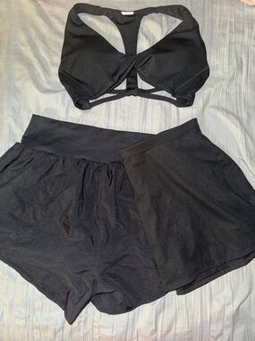 Fabletics Black Twist-Front Sports Bra with Black Athletic Shorts, & Skirt Set!